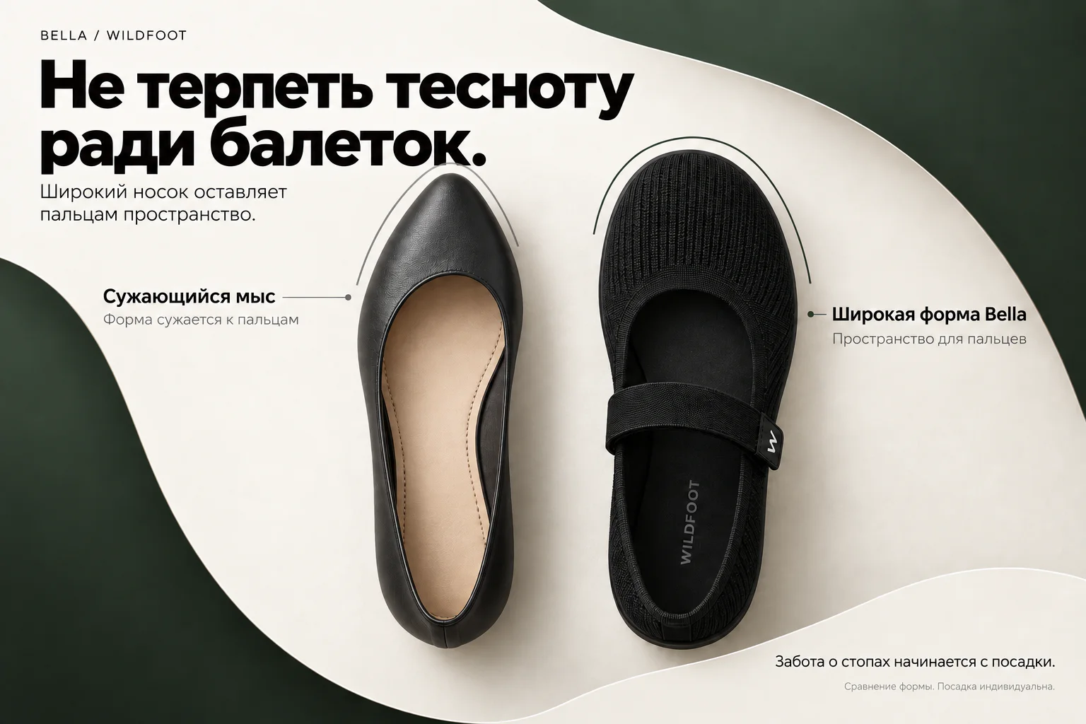 Не терпеть тесноту ради балеток. Широкий носок Bella оставляет пальцам пространство. Сравнение сверху: слева кожаная балетка с сужающимся мысом, справа широкая форма Bella. Забота о стопах начинается с посадки. Сравнение формы, посадка индивидуальна.