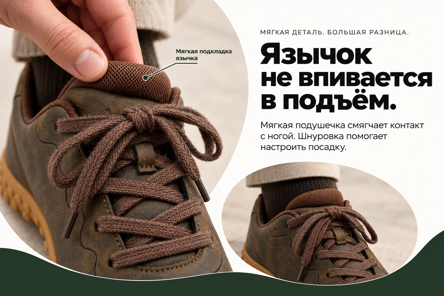 Мягкая деталь. Большая разница. Язычок не впивается в подъём. Мягкая подушечка смягчает контакт с ногой. Шнуровка помогает настроить посадку. Крупный план мягкой подкладки язычка.